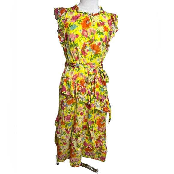 Banjanan floral ruffle midi dress with belt tie in fiesta buttercup Sz L - Picture 1 of 6